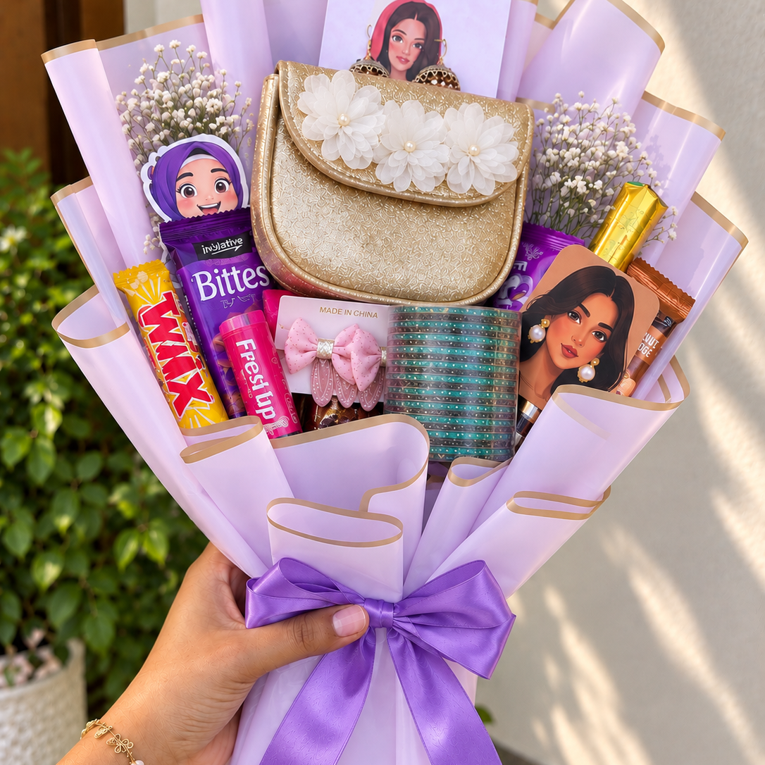 Eid Mubarak Pink Gift Bouquet – Purse, Bangles & Chocolate Hamper