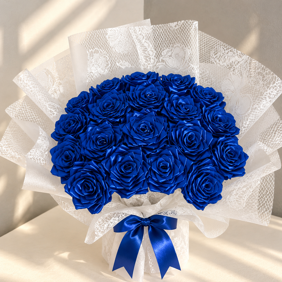 Royal Blue Rose Bouquet – Handmade Satin Ribbon Flowers