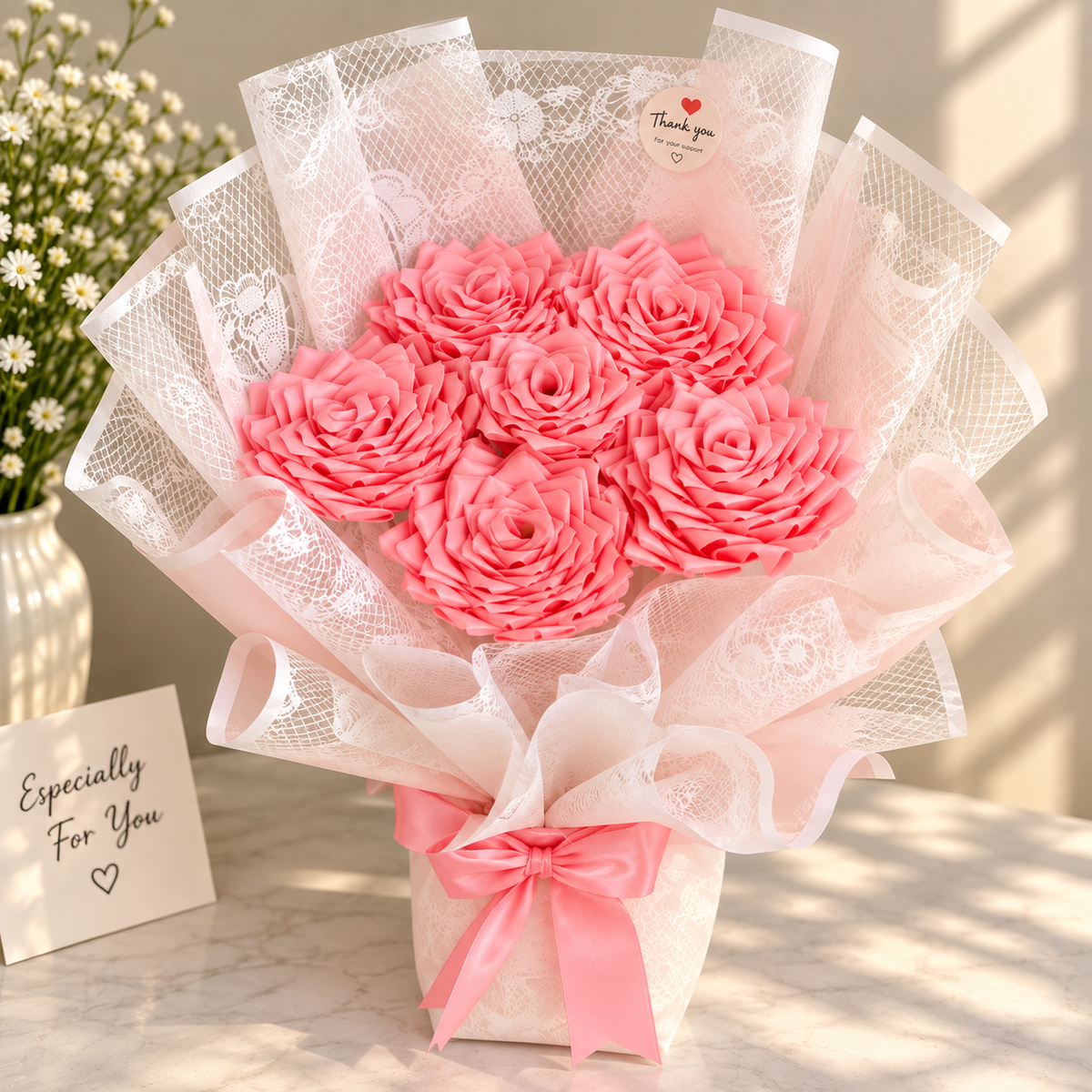 Pink Satin Ribbon Rose Bouquet – Handmade Forever Flowers