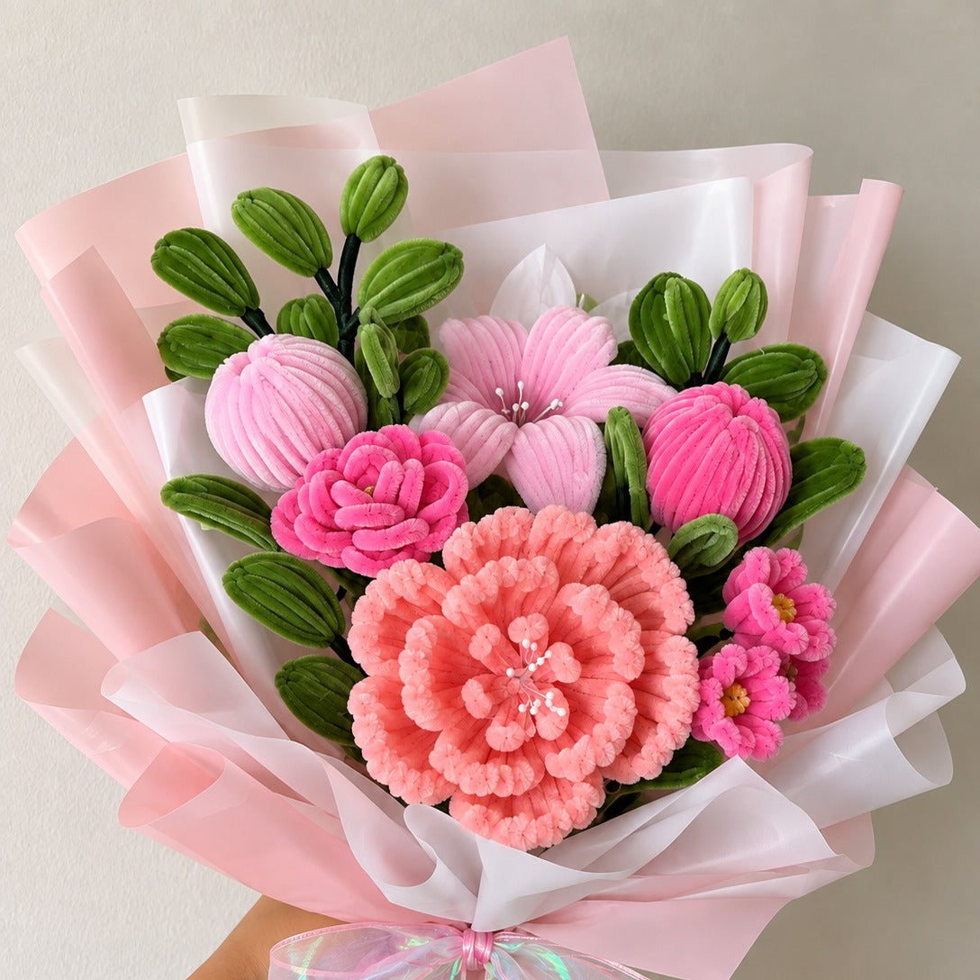 Pink & Coral Mixed Flower Bouquet – Handmade Pipe Cleaner Flowers