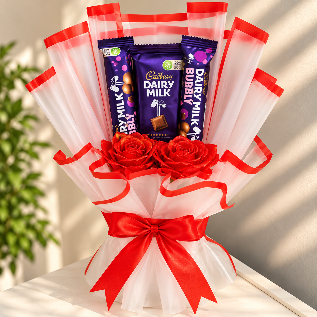 Chocolate Bouquet with Orange Satin Roses | Floral Wrap Gift Bouquet for Her &amp; Him