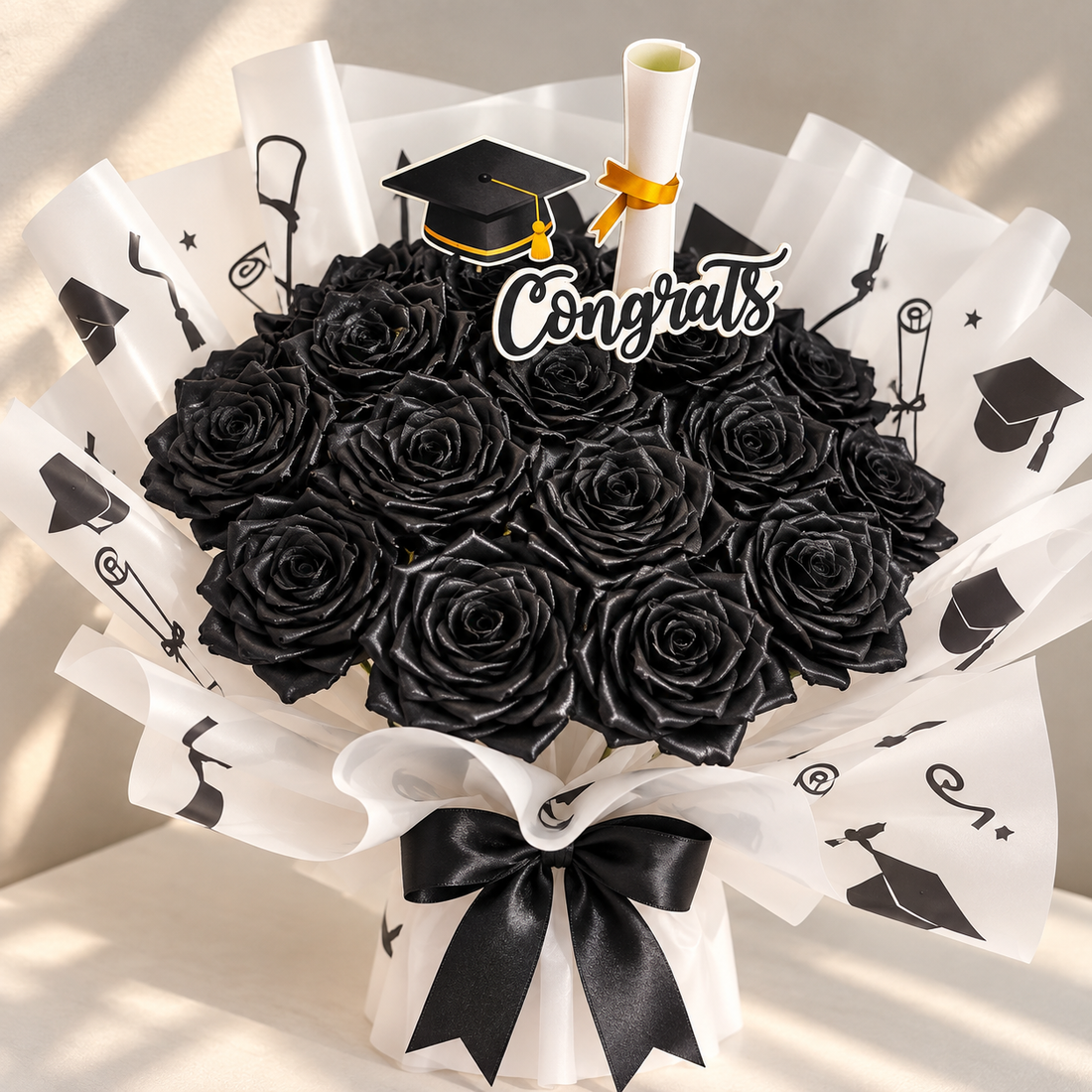 Black Ribbon Rose Graduation Bouquet – Handmade "Congrats" Bouquet with Cap &amp;amp; Diploma