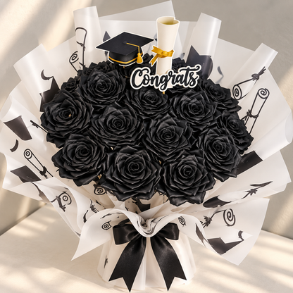Black Ribbon Rose Graduation Bouquet – Handmade "Congrats" Bouquet with Cap &amp;amp; Diploma
