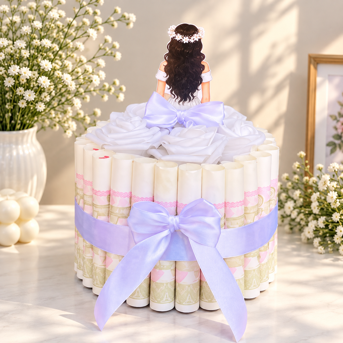 Rose Money Cake – Elegant Cash Gift with Ribbon Bow (2 Color Options)