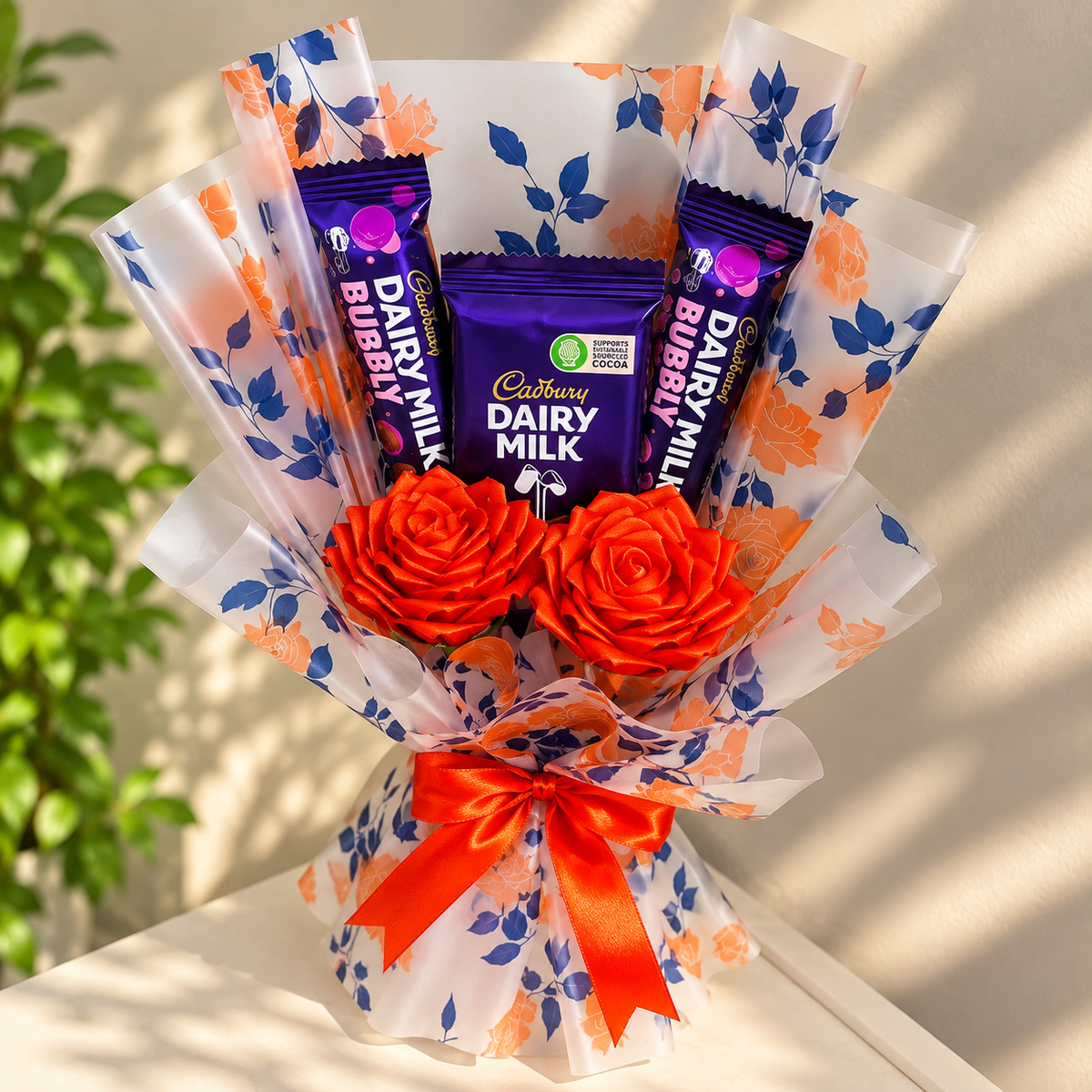 Chocolate Bouquet with Orange Satin Roses | Floral Wrap Gift Bouquet for Her &amp; Him