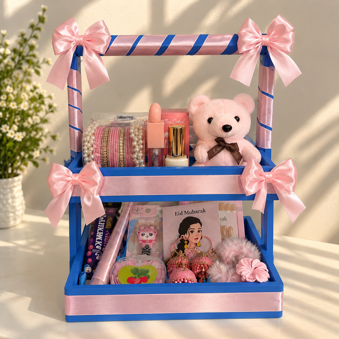 2-Tier Eid Gift Basket for Her – Bangles, Makeup, Jewelry &amp;amp; Teddy Hamper