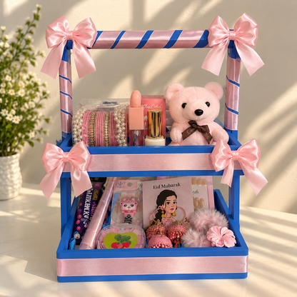 2-Tier Eid Gift Basket for Her – Bangles, Makeup, Jewelry &amp;amp; Teddy Hamper