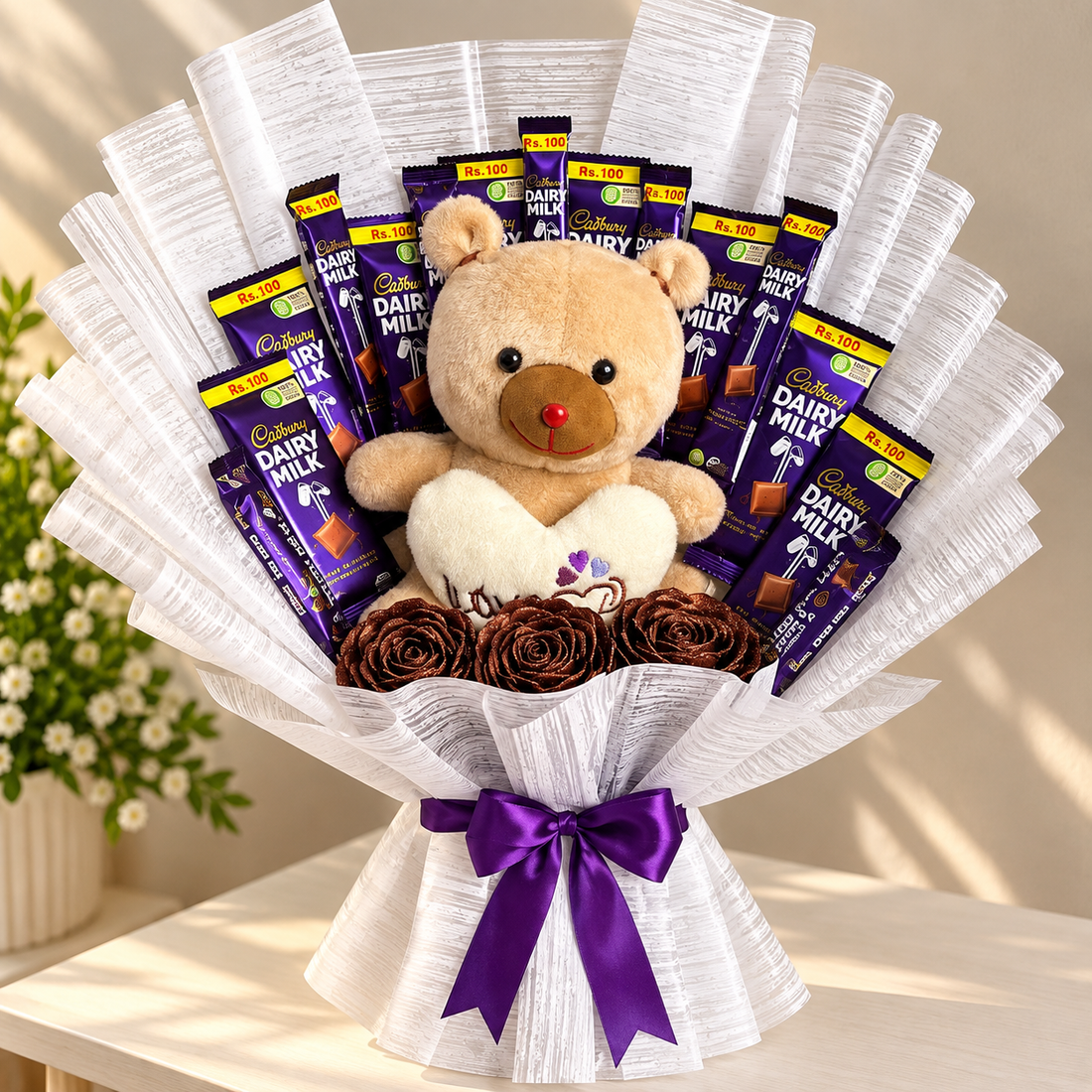 Cadbury Dairy Milk Chocolate Bouquet with Teddy Bear – Bronze Rose Gift Bundle