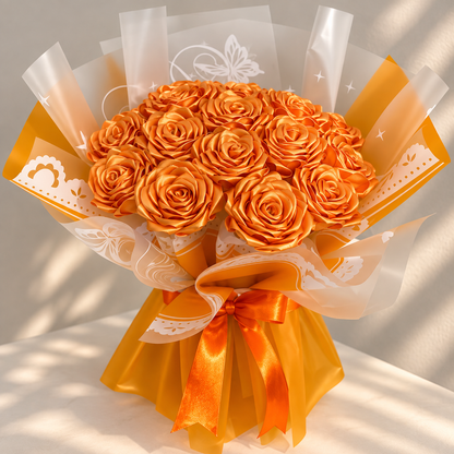 Handmade Orange Satin Ribbon Rose Bouquet | Everlasting Rose Gift for Her