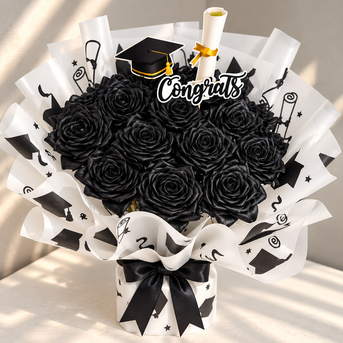 Black Ribbon Rose Graduation Bouquet – Handmade "Congrats" Bouquet with Cap &amp;amp; Diploma