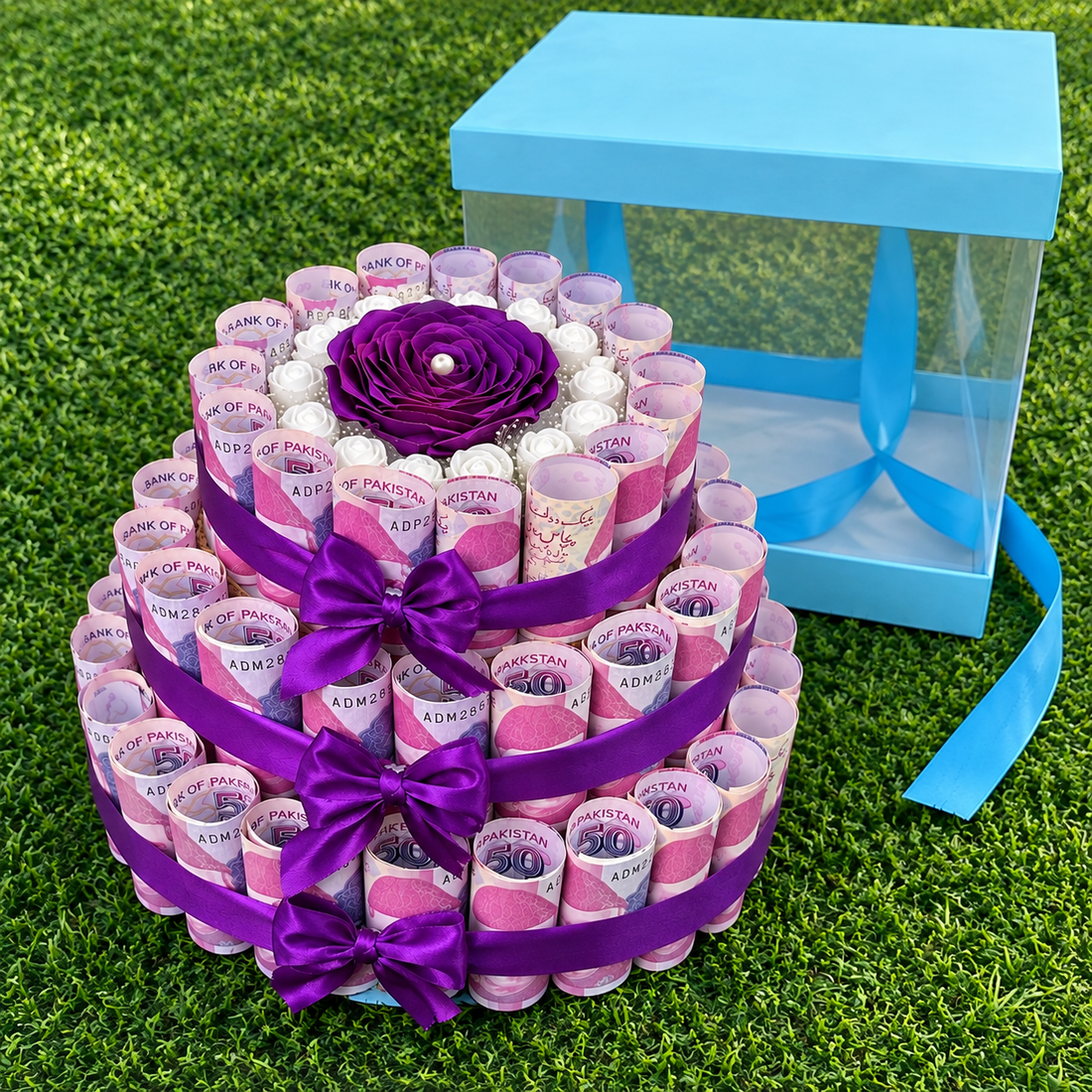 2-Tier Money Cake with Display Box – Cash Gift Bouquet (Rs. 50 Notes)