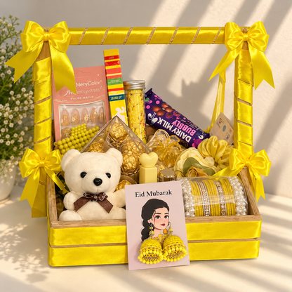 Yellow Eid Gift Basket for Her – Bangles, Chocolates, Teddy &amp;amp; Accessories
