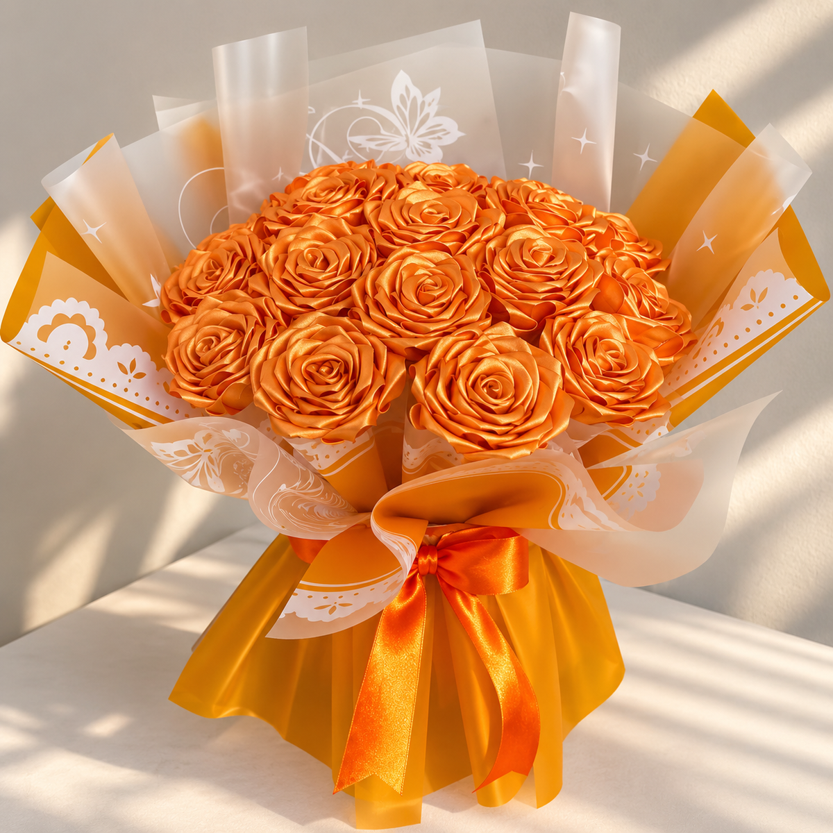 Handmade Orange Satin Ribbon Rose Bouquet | Everlasting Rose Gift for Her