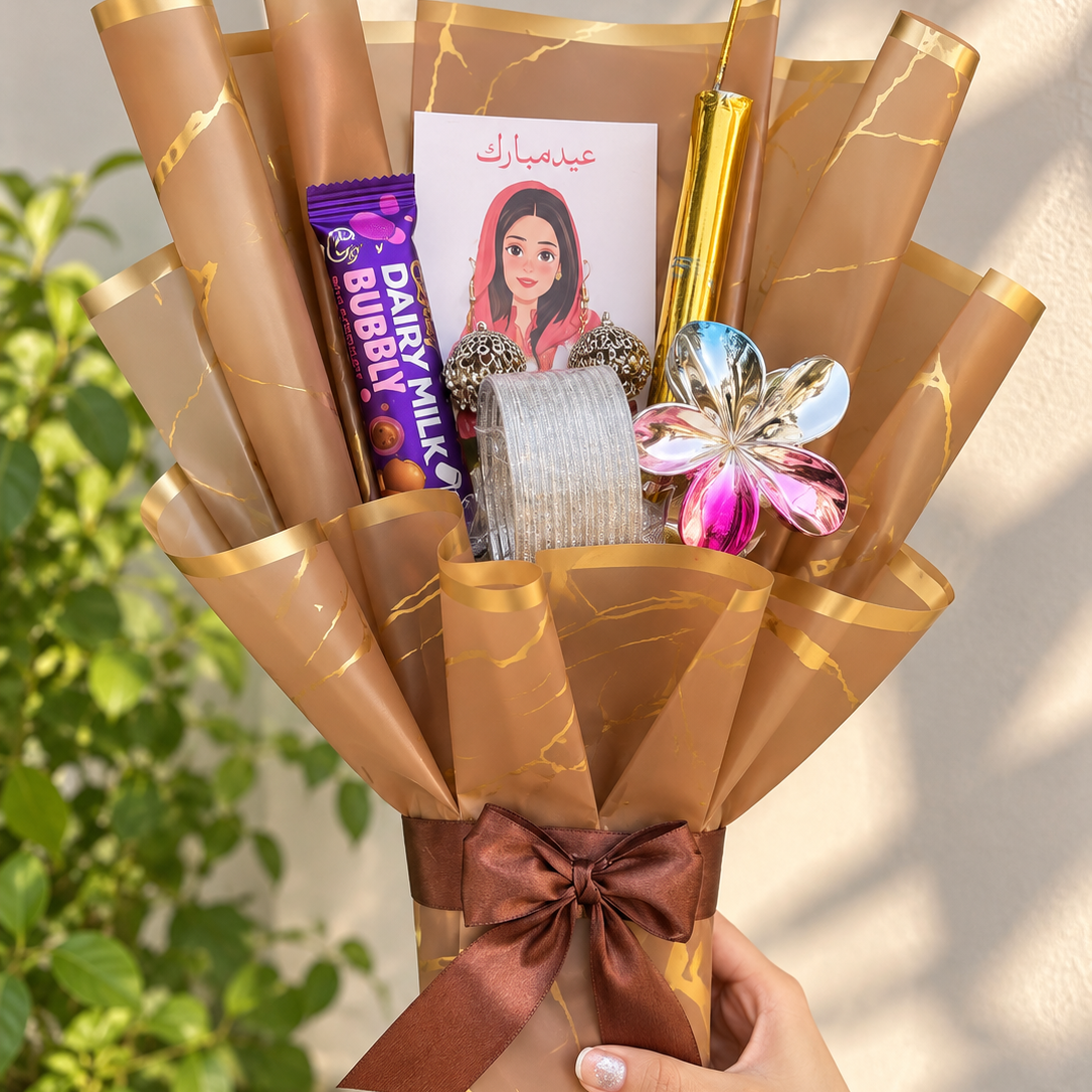 Eid Mubarak Chocolate &amp;amp; Gift Bouquet – Pink Ribbon Wrap