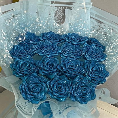 Blue Satin Ribbon Rose Bouquet – Handmade Forever Flowers