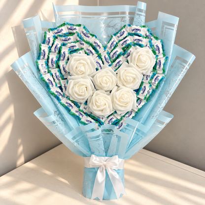 Heart-Shaped Mint Candy Bouquet with White Roses | Sweet Gift Bouquet for Her