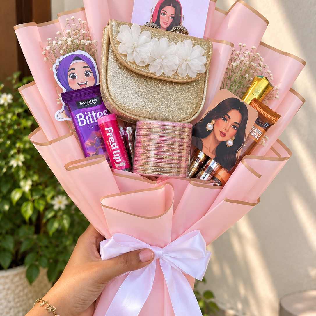 Eid Mubarak Pink Gift Bouquet – Purse, Bangles &amp;amp; Chocolate Hamper