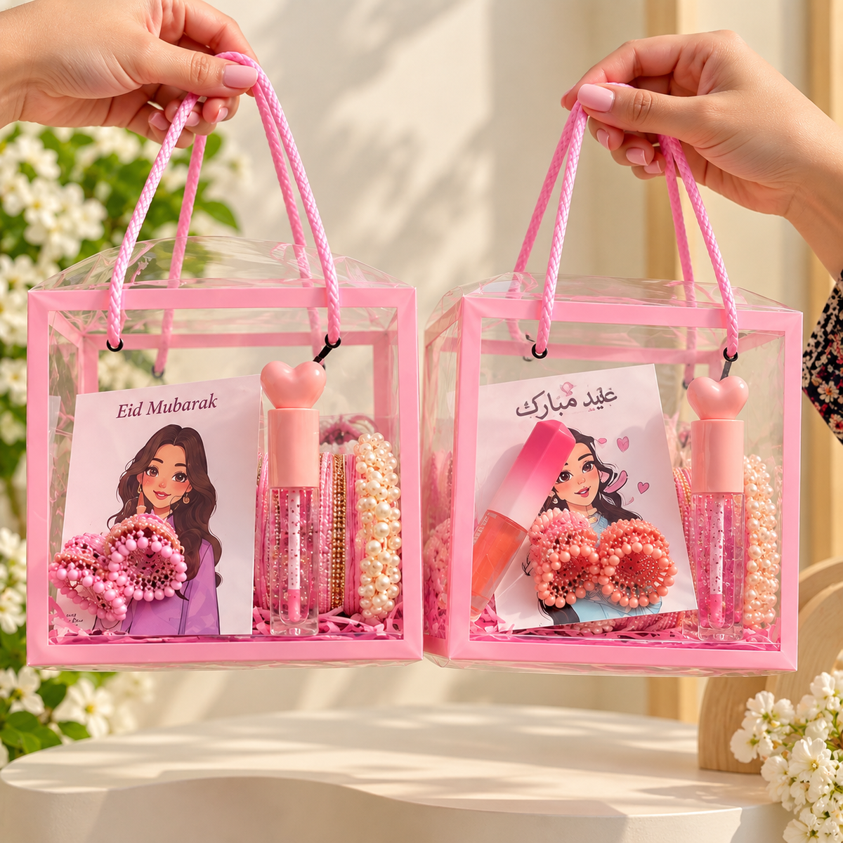 Eid Mubarak Gift Bag for Her | Pink Eid Hamper with Lip Gloss, Bangles, Jhumkas &amp;amp; Pearl Scrunchie