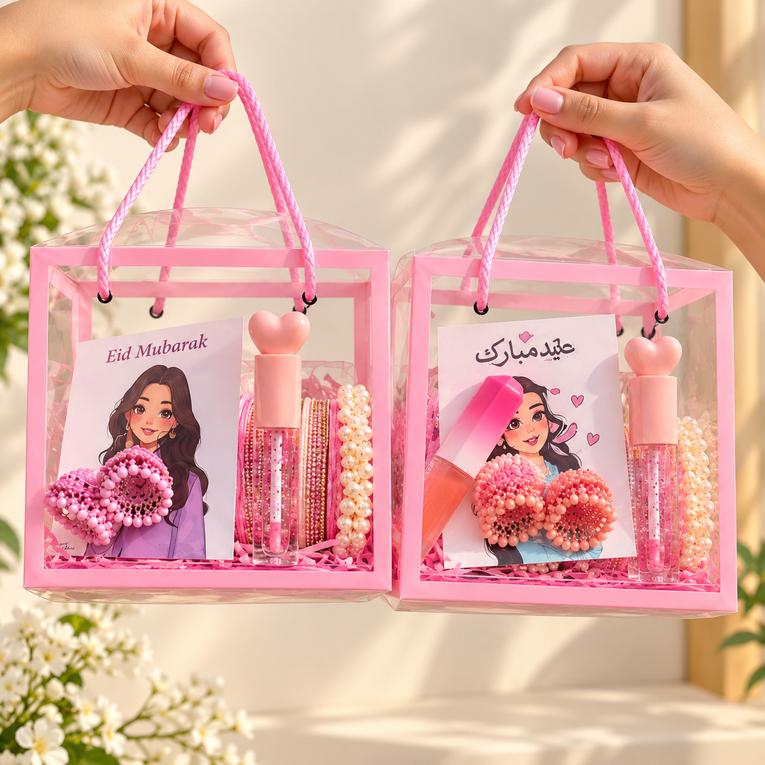 Eid Mubarak Gift Bag for Her | Pink Eid Hamper with Lip Gloss, Bangles, Jhumkas &amp;amp; Pearl Scrunchie