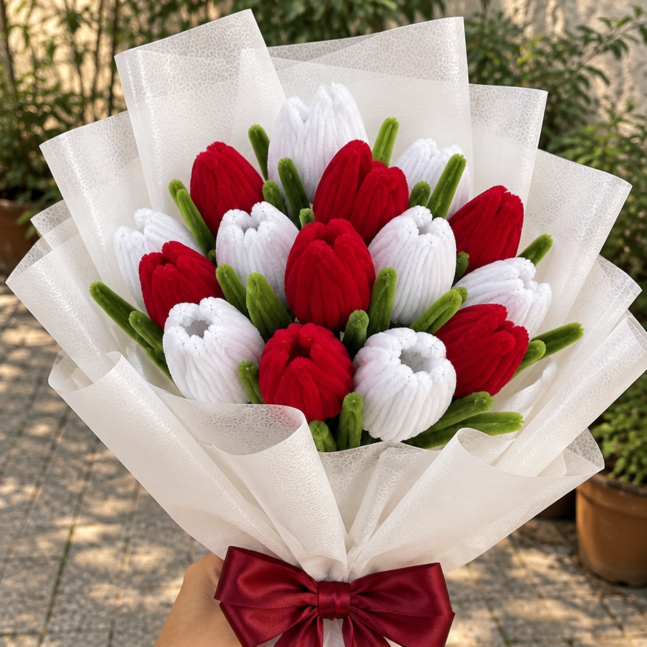 Red &amp;amp; White Tulip Bouquet – Handmade Pipe Cleaner Flowers