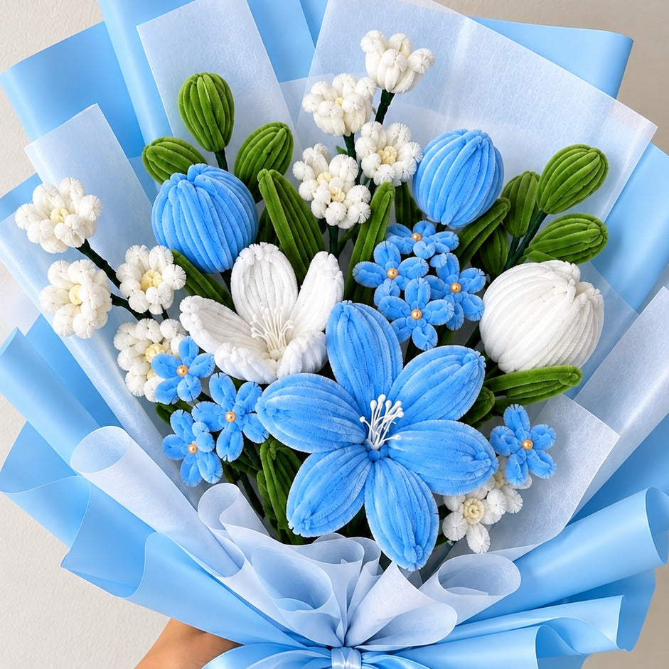 Blue &amp; White Lily Bouquet – Handmade Pipe Cleaner Flower