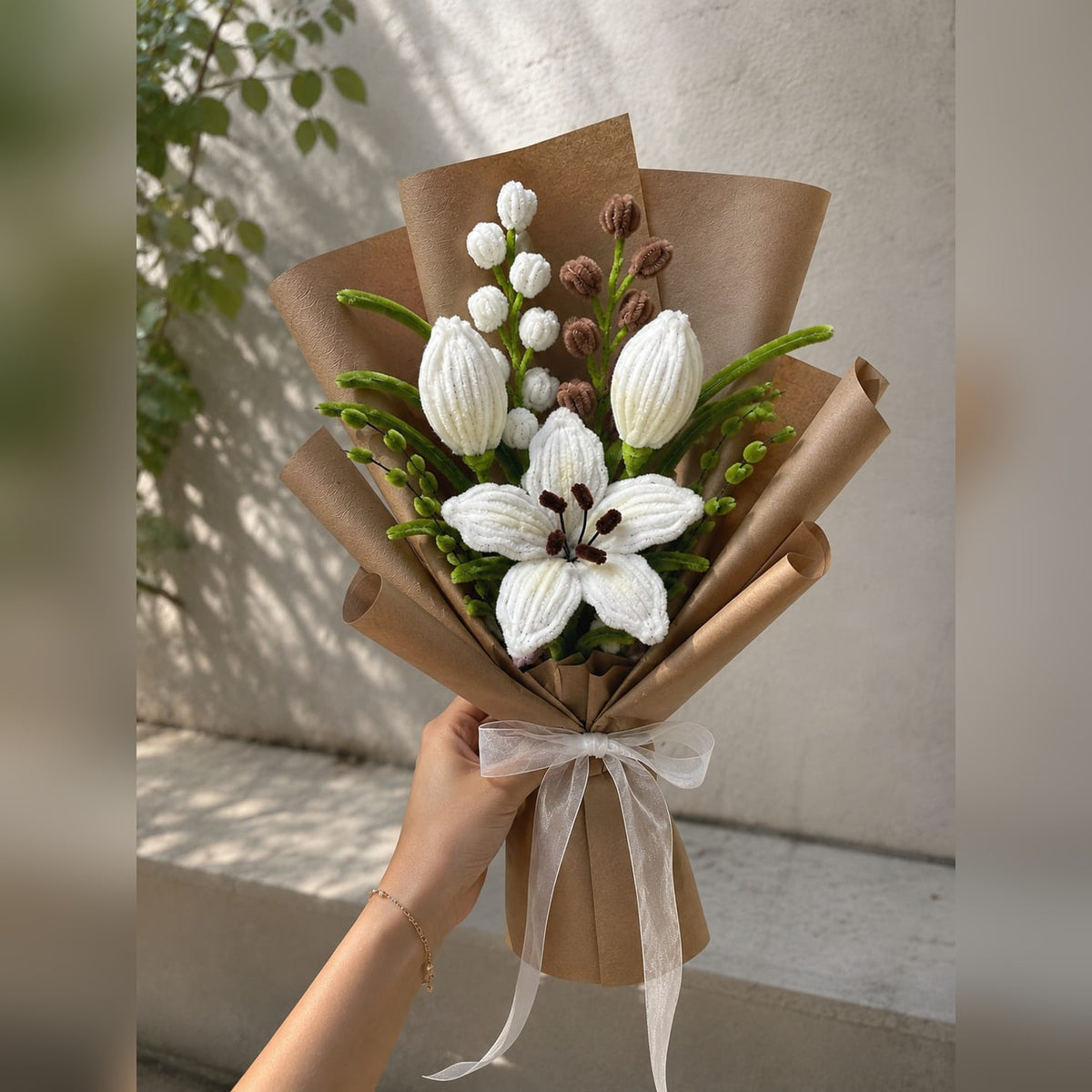 Handmade White Lily Pipe Cleaner Bouquet | Everlasting Chenille Flower Gift