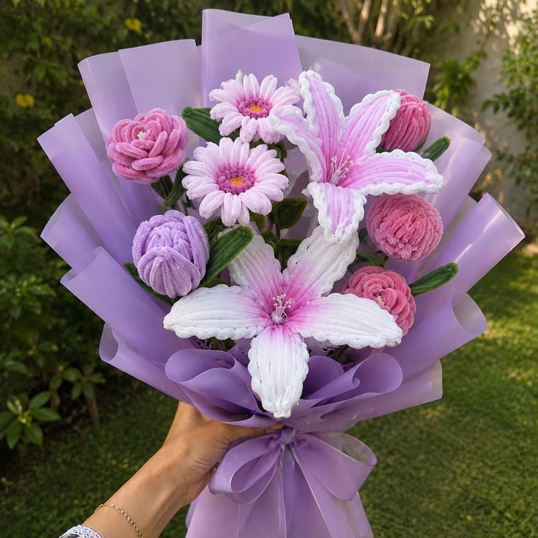 Lavender Lily &amp; Rose Bouquet – Handmade Pipe Cleaner Flowers