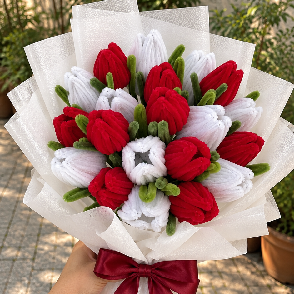 Red &amp;amp; White Tulip Bouquet – Handmade Pipe Cleaner Flowers