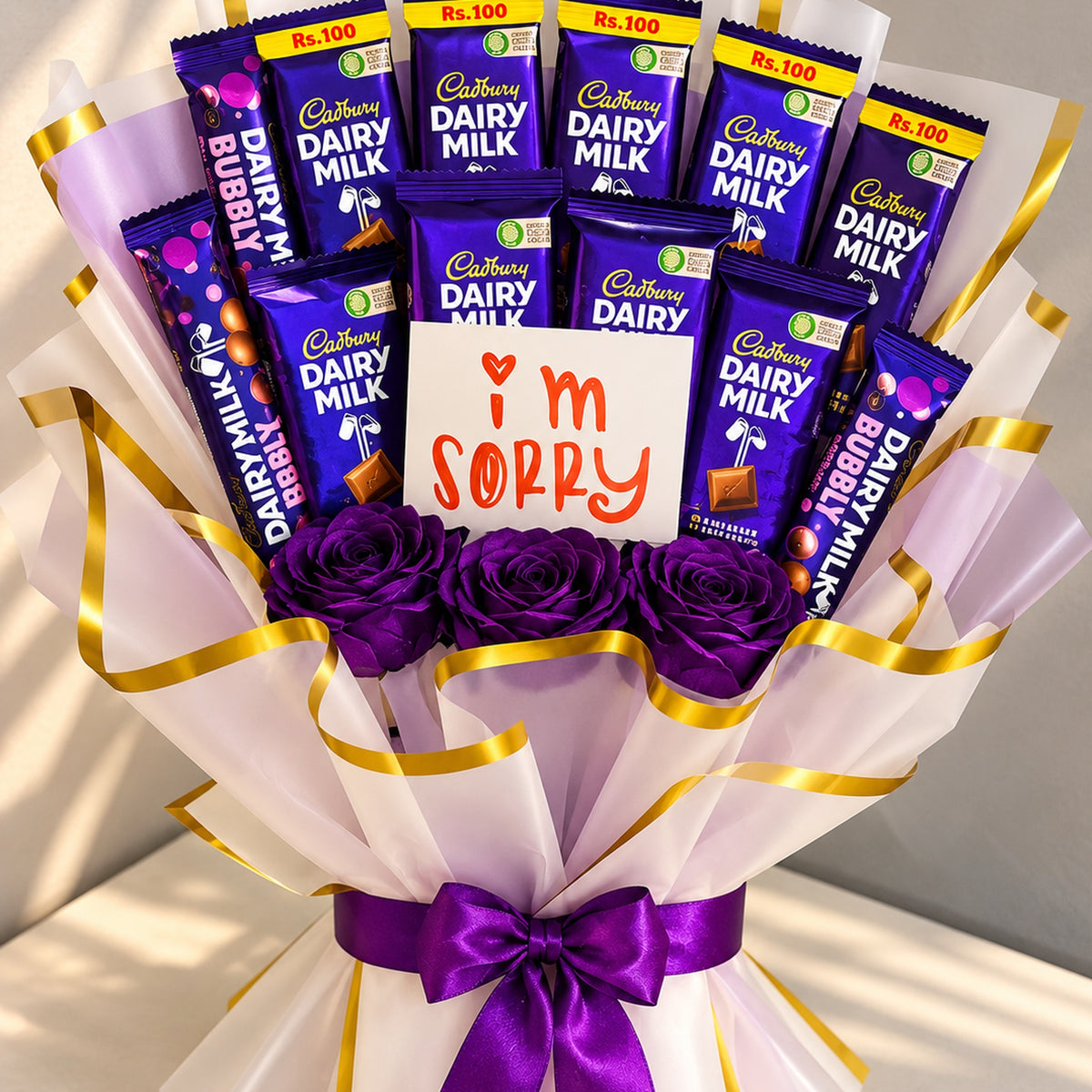 Chocolate Bouquet with Purple Roses | Custom Message Gift for Her &amp;amp; Him