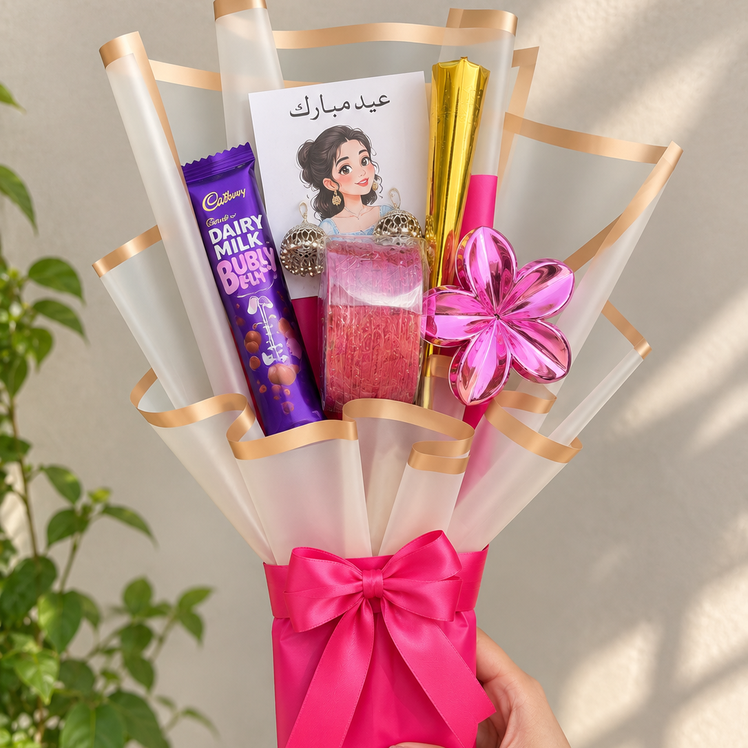 Eid Mubarak Chocolate &amp;amp; Gift Bouquet – Pink Ribbon Wrap