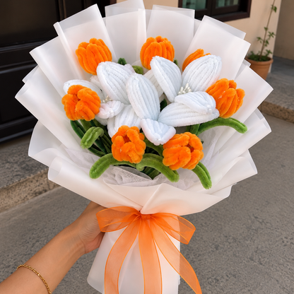 Orange &amp; White Handmade Pipe Cleaner Flower Bouquet