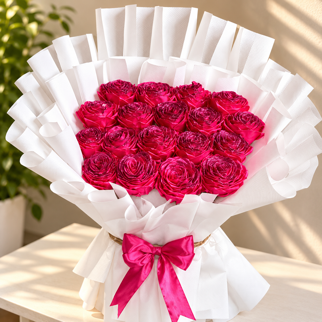 Magenta Pink Rose Bouquet – Handmade Satin Ribbon Flowers