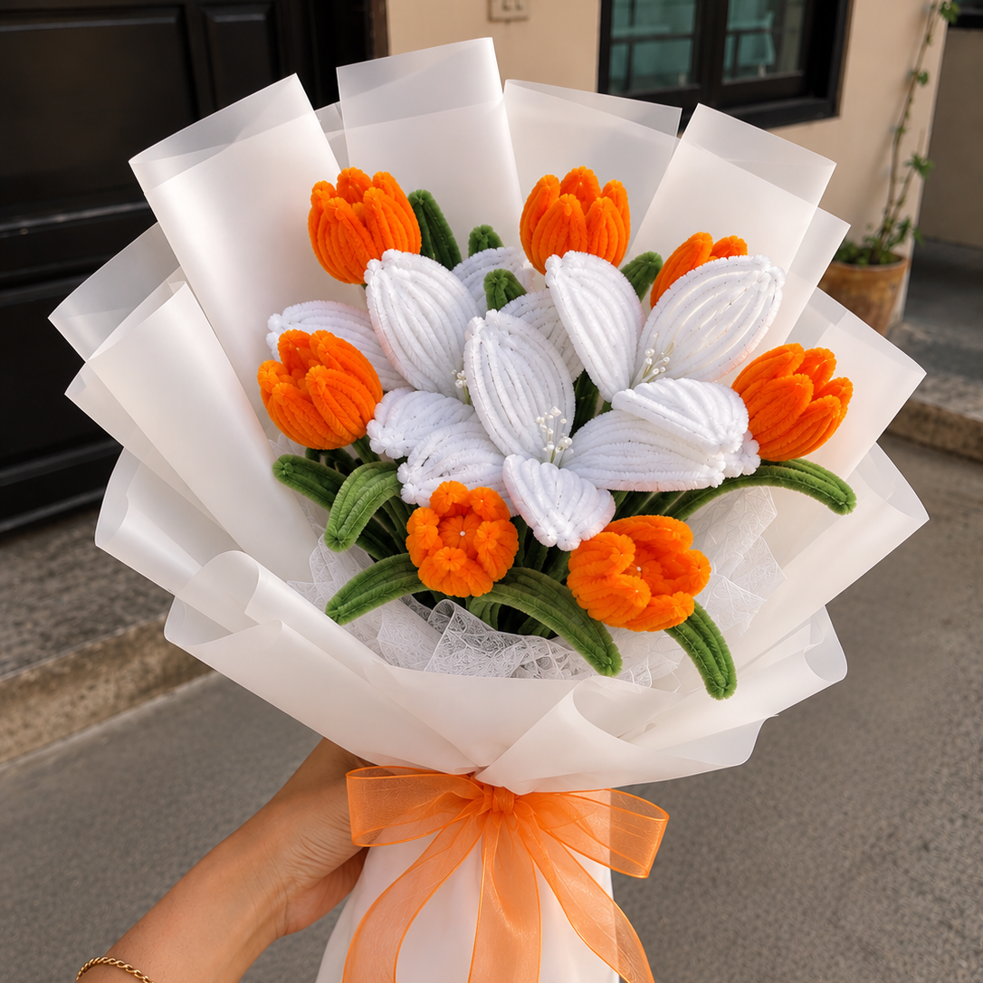 Orange &amp; White Handmade Pipe Cleaner Flower Bouquet