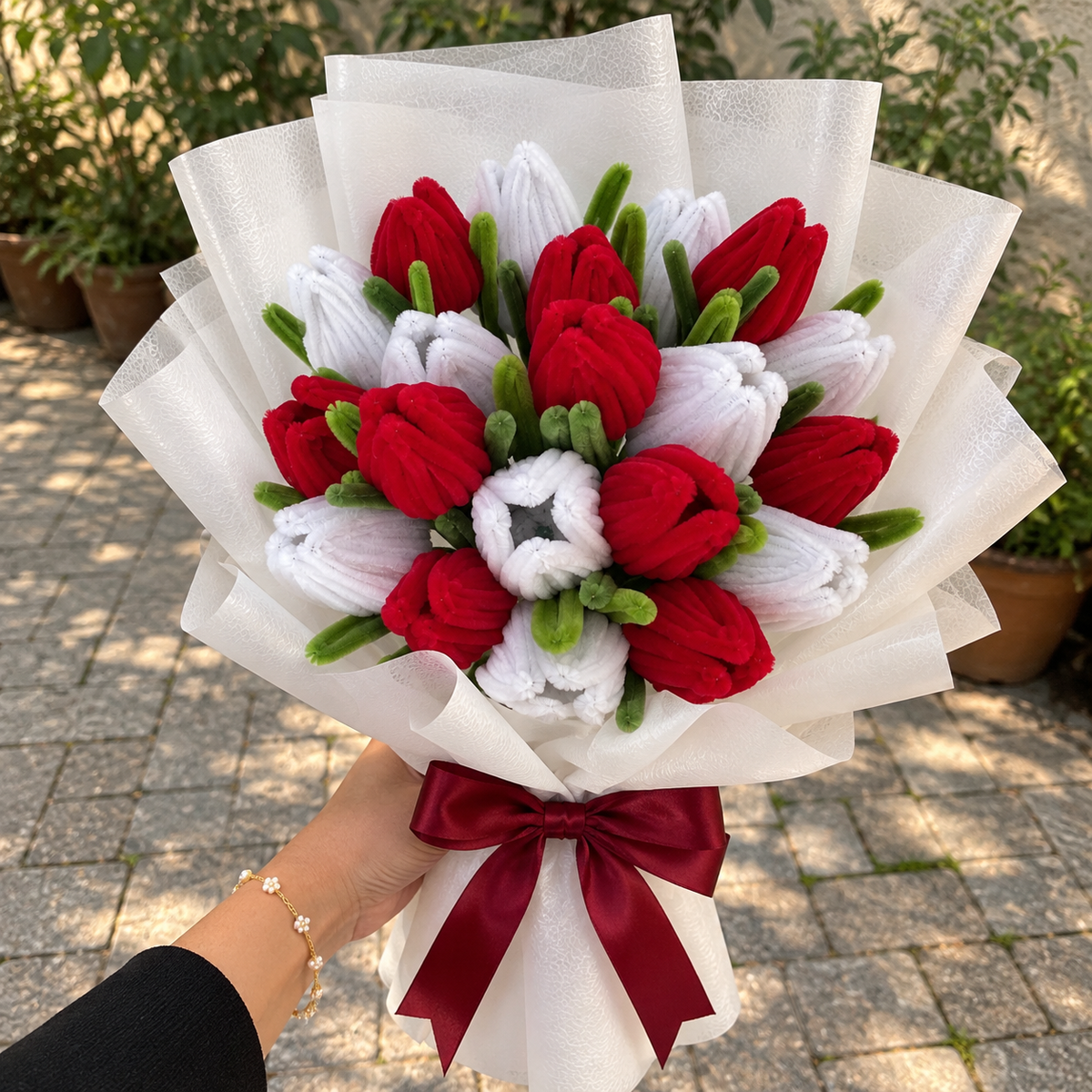 Red &amp;amp; White Tulip Bouquet – Handmade Pipe Cleaner Flowers