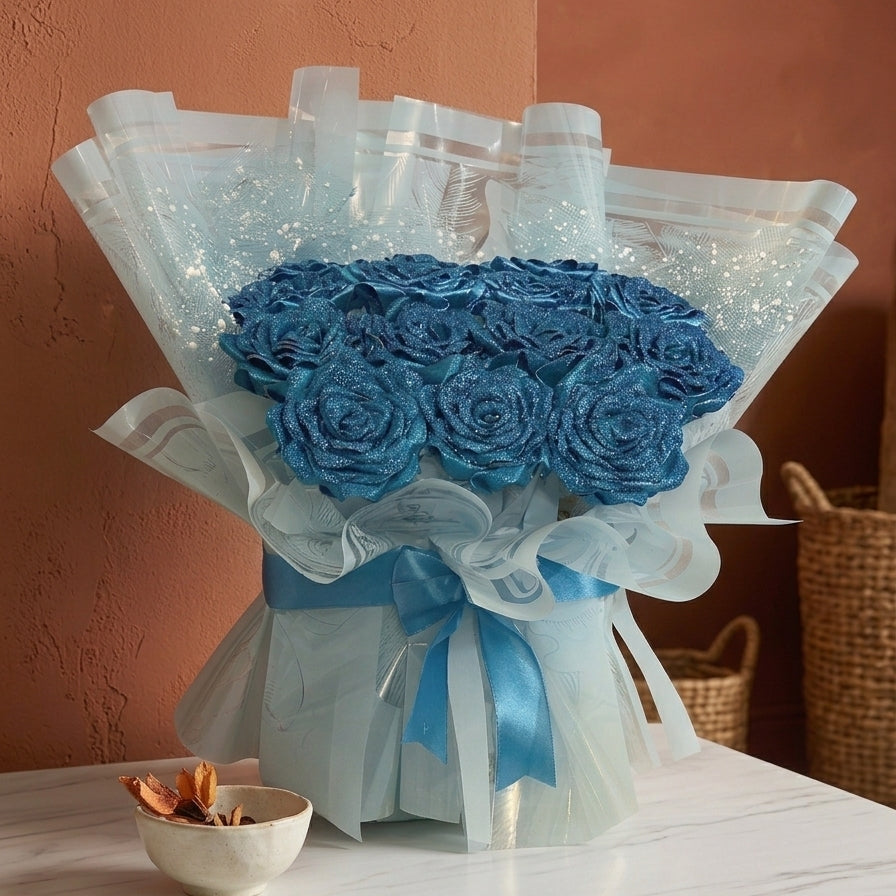 Blue Satin Ribbon Rose Bouquet – Handmade Forever Flowers