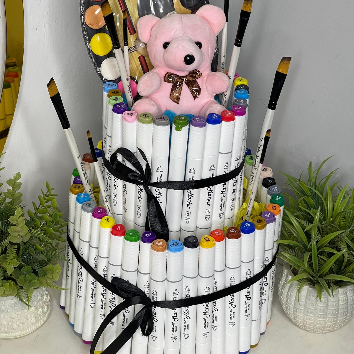 Stationery Marker Cake Gift Set – Customized Art Supply Tower with Teddy Bear