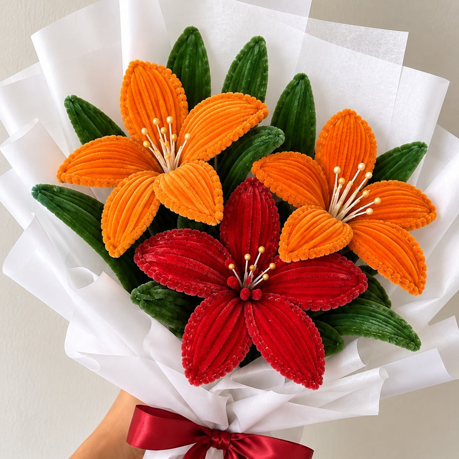 Orange &amp; Red Lily Bouquet – Handmade Pipe Cleaner Flowers