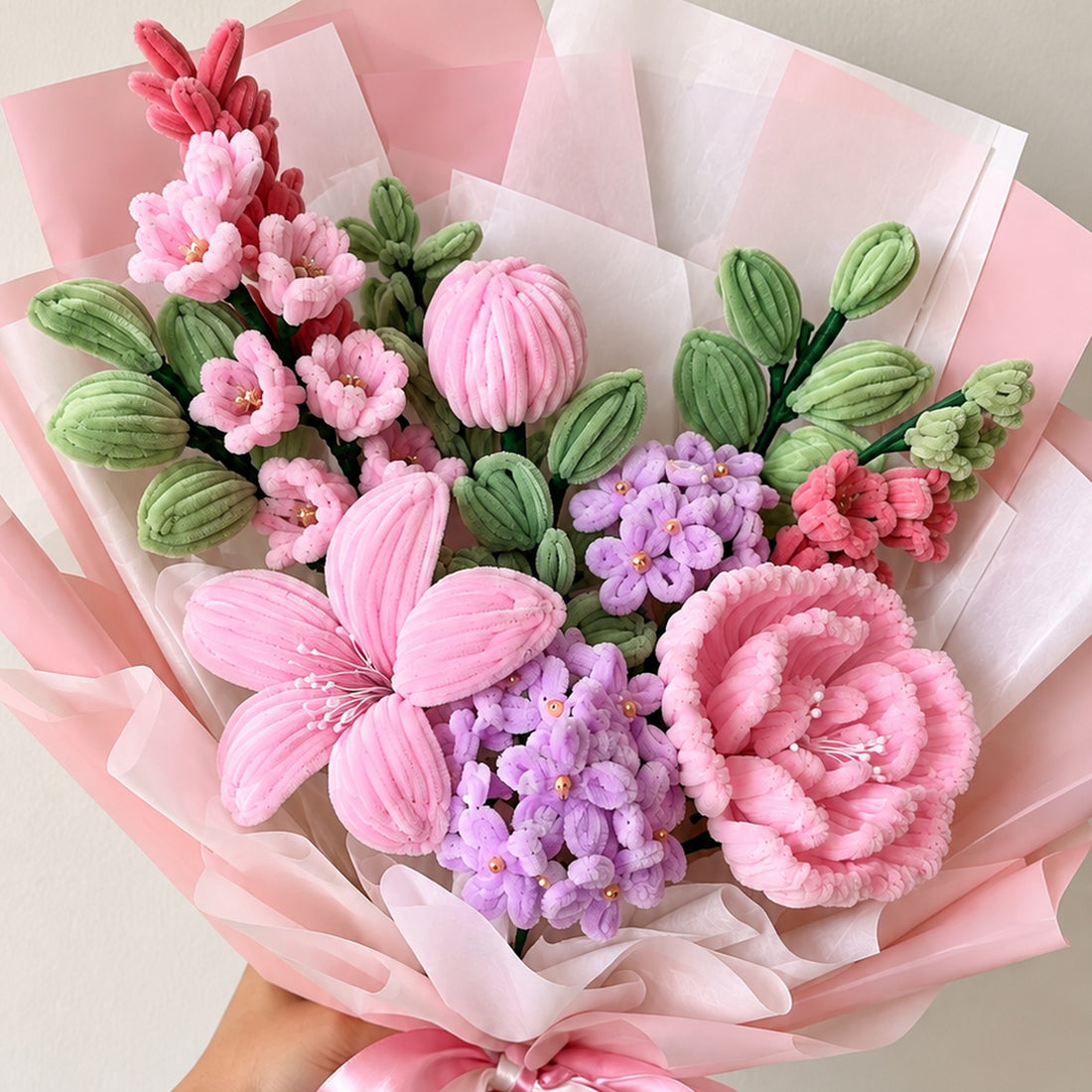 Handmade Pink &amp; Lilac Pipe Cleaner Bouquet | Everlasting Chenille Flower Gift for Her