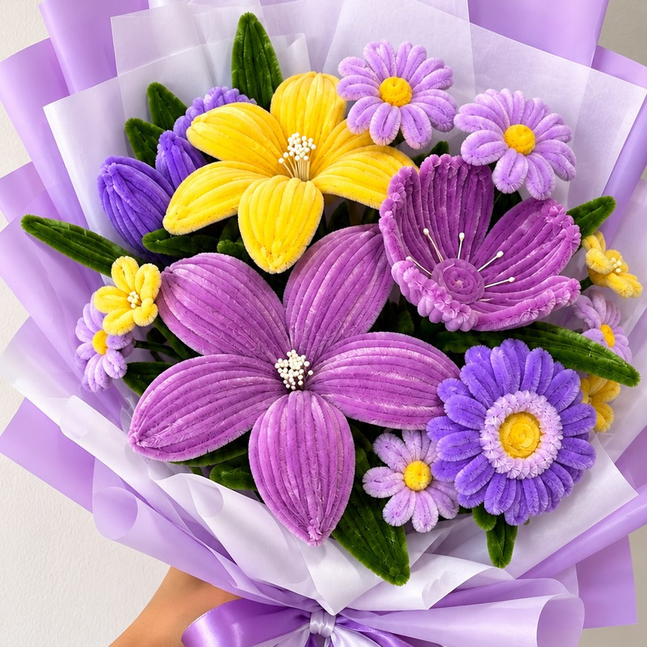 Purple &amp; Yellow Lily Bouquet – Handmade Pipe Cleaner Flowers